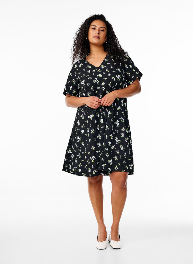 Robe &agrave; manches courtes avec col en V, Noir, Model image number 1