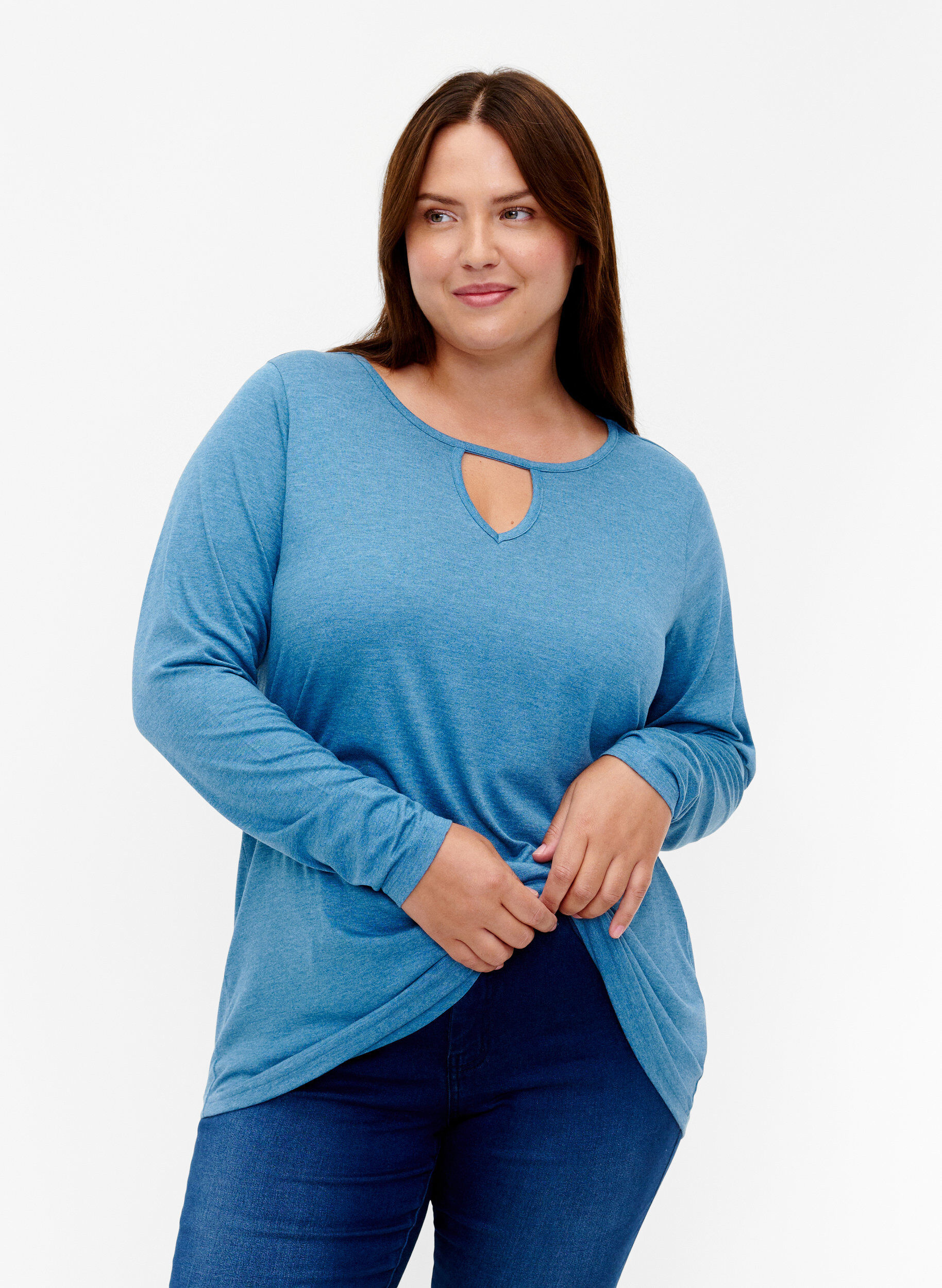Zizzi Melange-Bluse mit langen &Auml;rmeln, Legion Blue Mel., Model image number 0