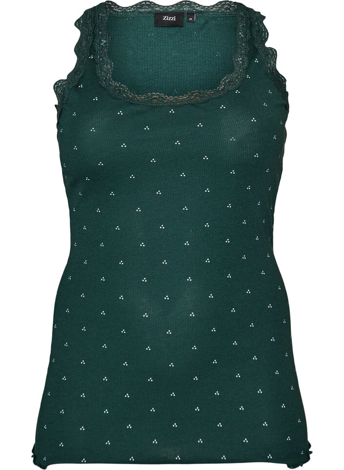 Top avec imprim&eacute; et bord en dentelle, Vert fonc&eacute;, Packshot image number 0