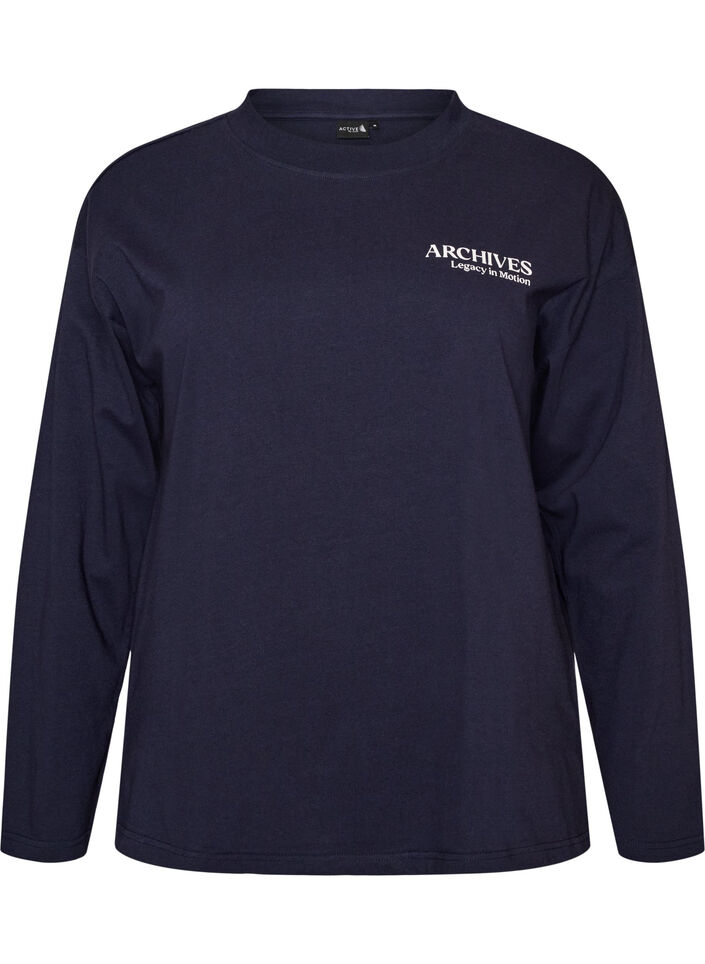 Lang&auml;rmelige Jerseybluse mit Textprint, Blau, Packshot image number 0