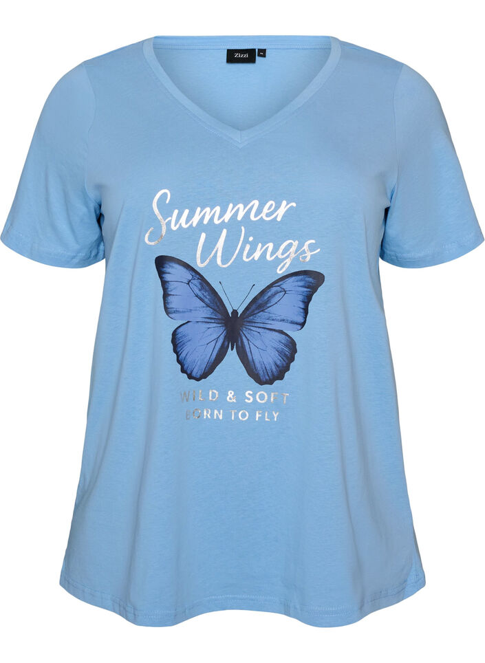 T-shirt en coton avec imprim&eacute; sur le devant et col en V, 0698, Packshot image number 0