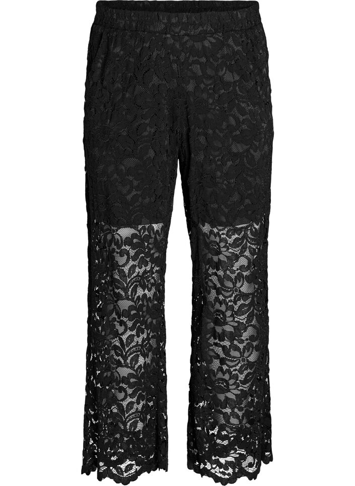 Pantalon taille haute en dentelle &agrave; coupe droite, Noir, Packshot image number 0