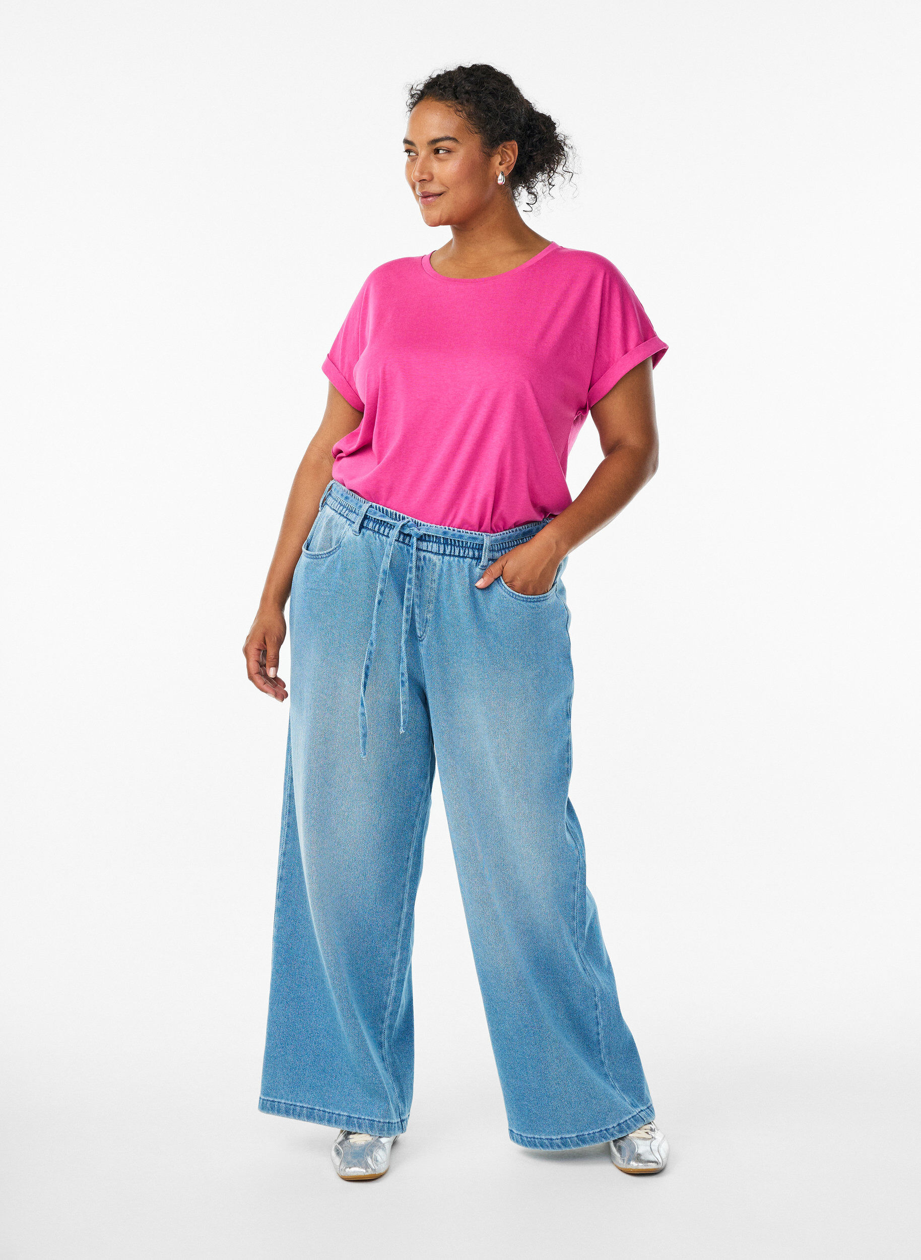 Zizzi T-shirt &agrave; manches courtes en coton m&eacute;lang&eacute;, Rose, Model image number 1