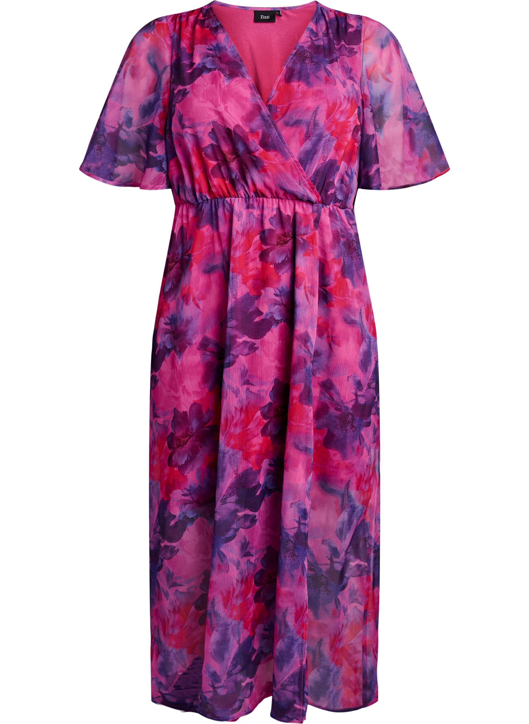 Zizzi Robe longue en chiffon imprim&eacute; floral et manches courtes, Rouge, Packshot image number 0