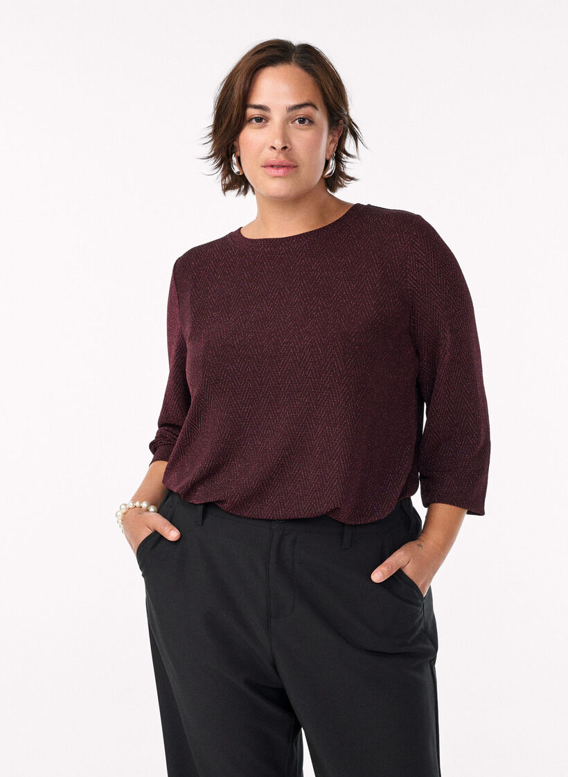Blouse avec motif à chevrons et fil pailleté, Bordeaux foncé, Model image number 0