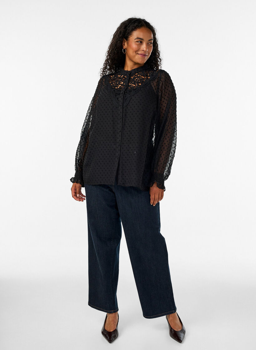 Hemdbluse mit Spitzeneinsatz und Punktemuster, Schwarz, Model image number 1