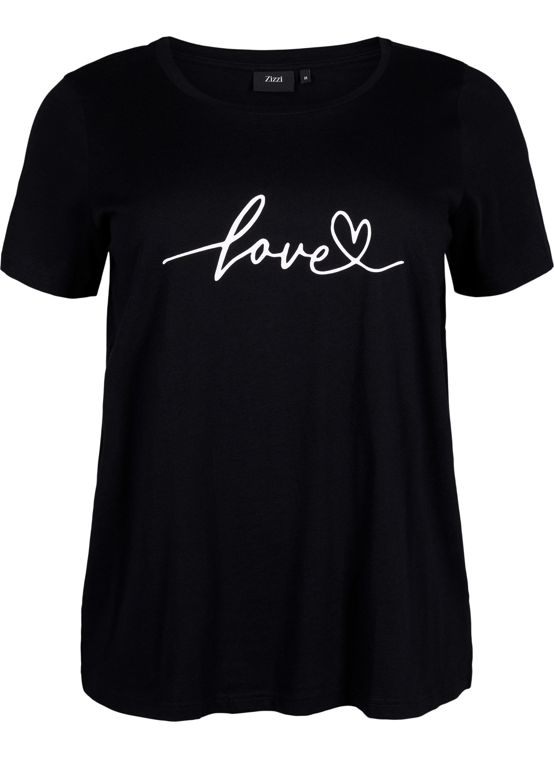 Zizzi T-Shirt aus Baumwolle mit Rundhalsausschnitt und Aufdruck, Black W. Love, Packshot image number 0
