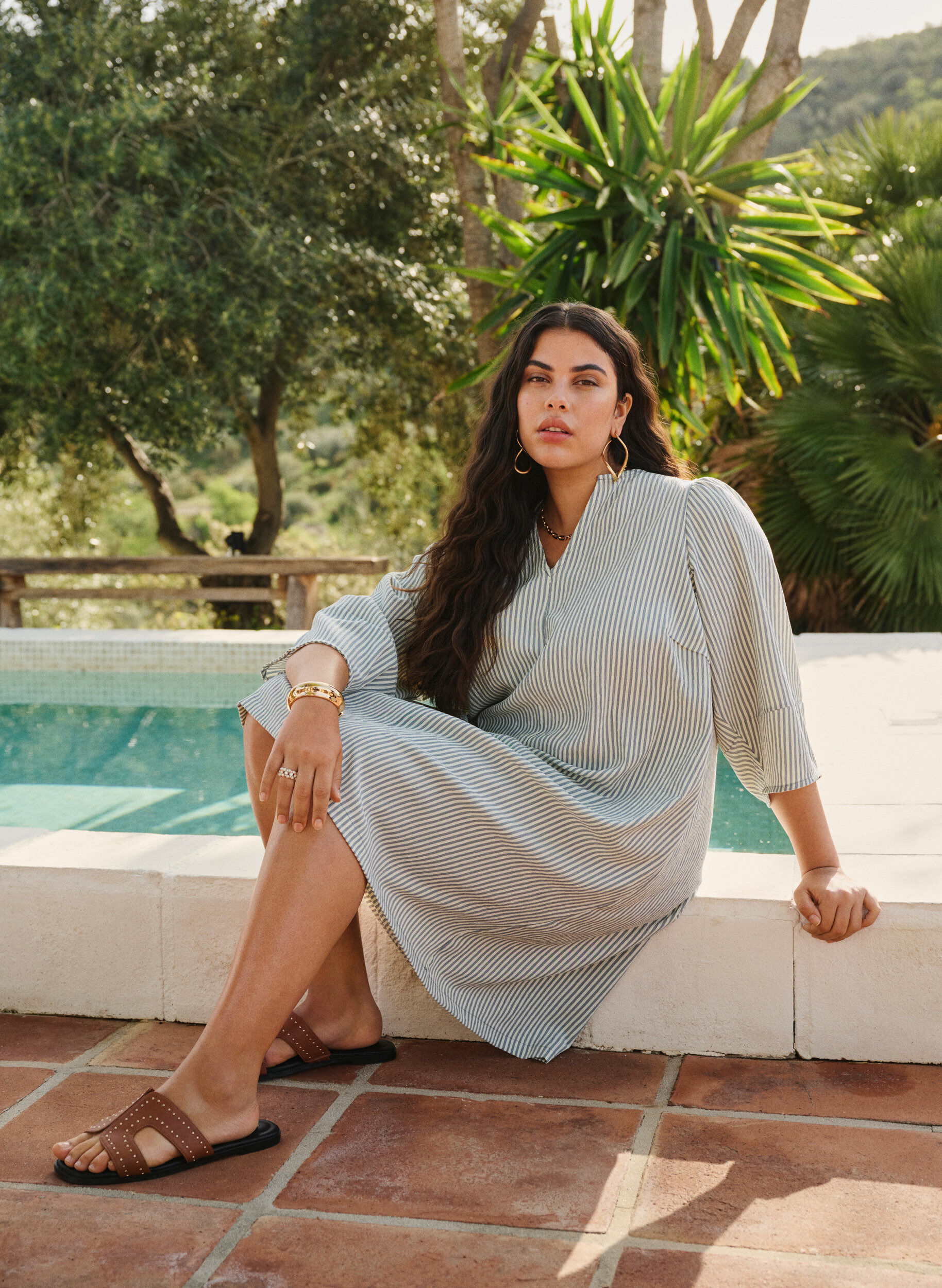 Zizzi Gestreiftes Kleid mit 3/4-&Auml;rmeln, Green Stripe, Image image number 0