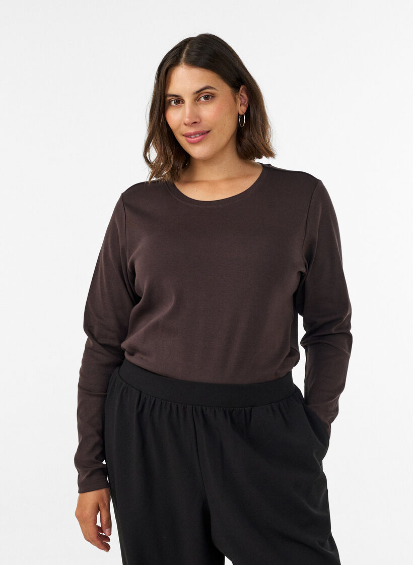 Langarm-Basic-T-Shirt mit Rundhalsausschnitt, Braun, Model image number 0