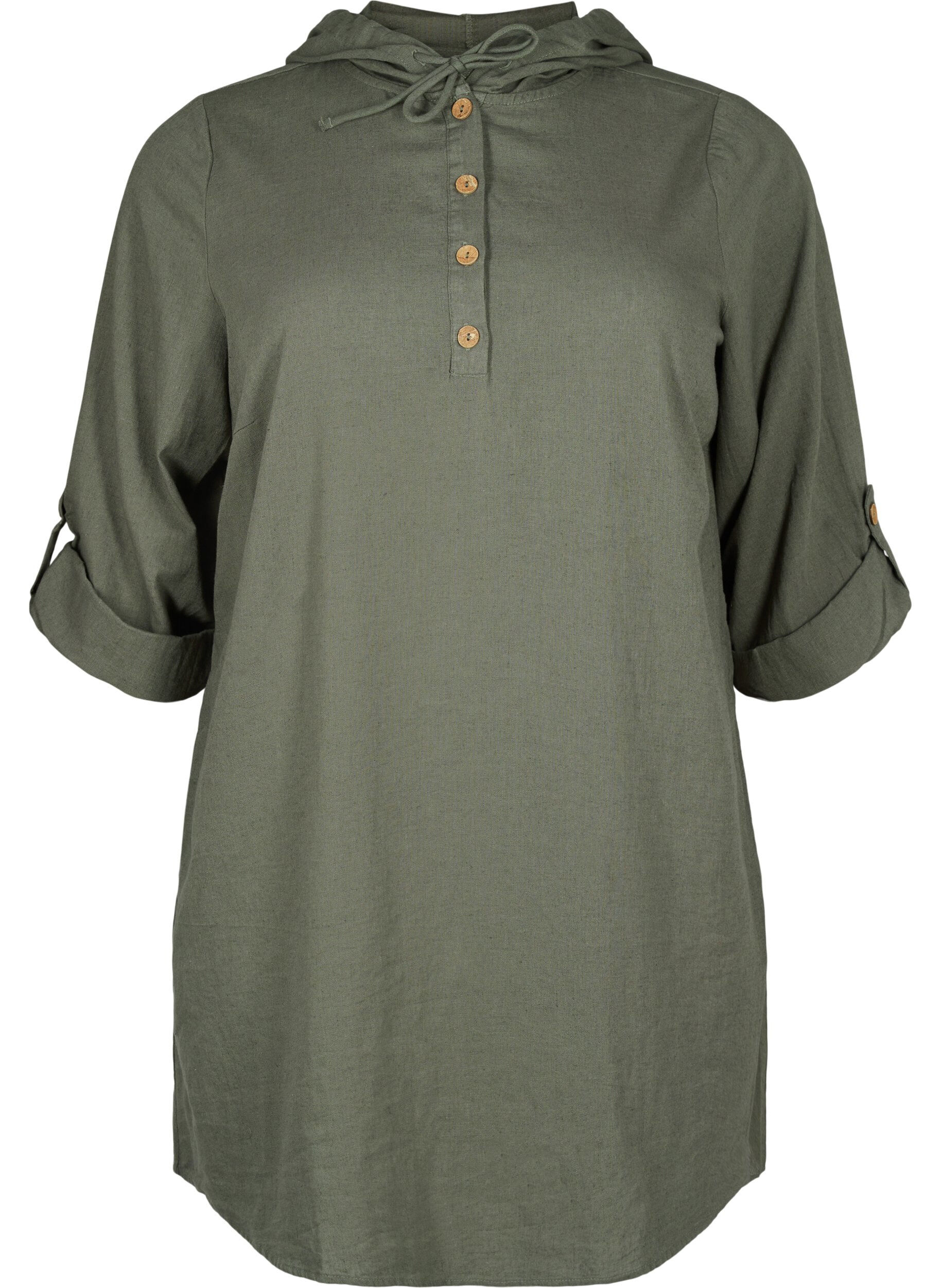 Zizzi Tunika mit Kapuze aus Baumwolle und Leinen, Thyme, Packshot image number 0