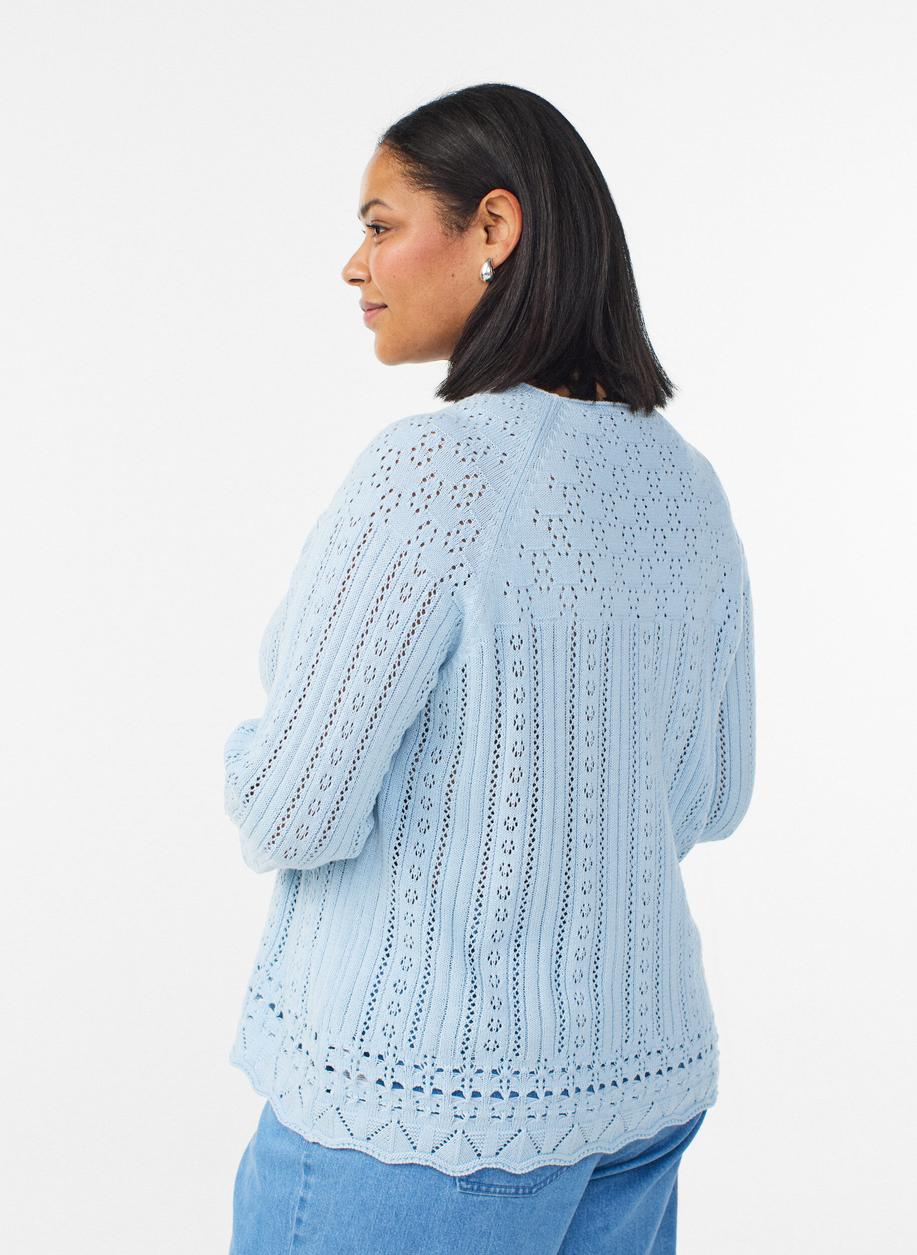 Zizzi Stricktop mit Lochstickerei und 3/4-&Auml;rmeln, Blau, Model image number 2