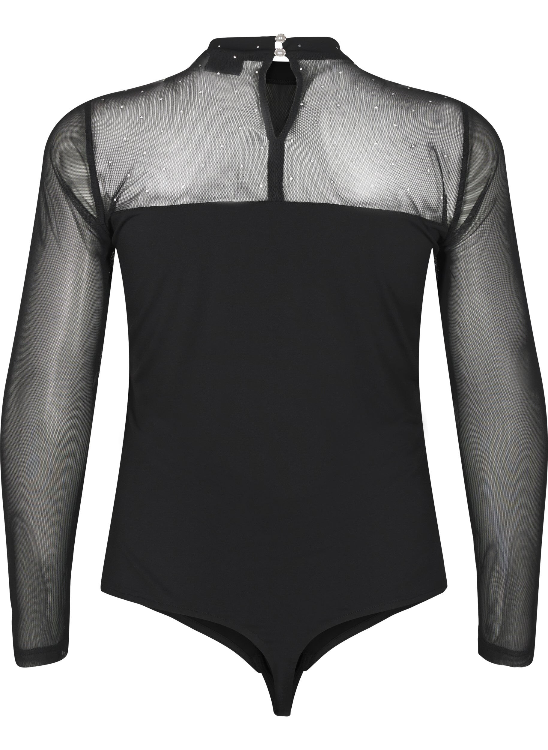 Zizzi Body mit Nieten und langen Mesh-&Auml;rmeln, Black, Packshot image number 1