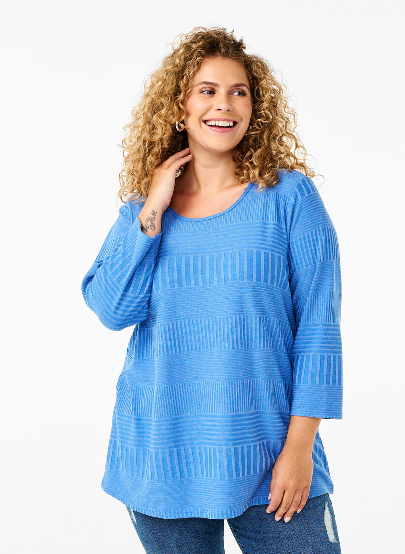 Bluse mit 3/4-Ärmeln und Streifenmuster., Princess Blue Mel., Model image number 0