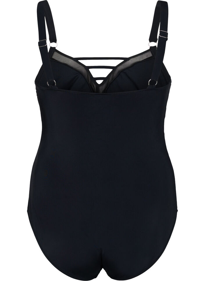 Maillot de bain avec col en V et résille, Black, Packshot image number 1