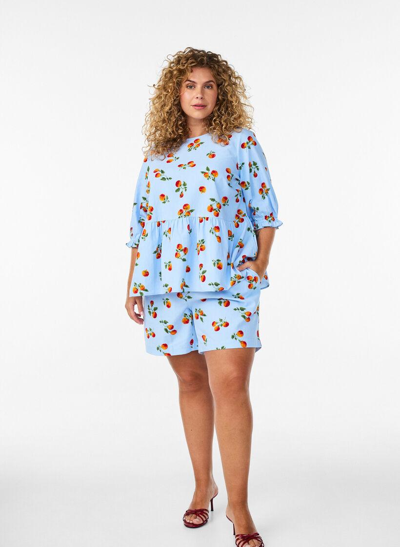 Short taille haute en coton &agrave; imprim&eacute; tomates, Bleu Clair, Model image number 1