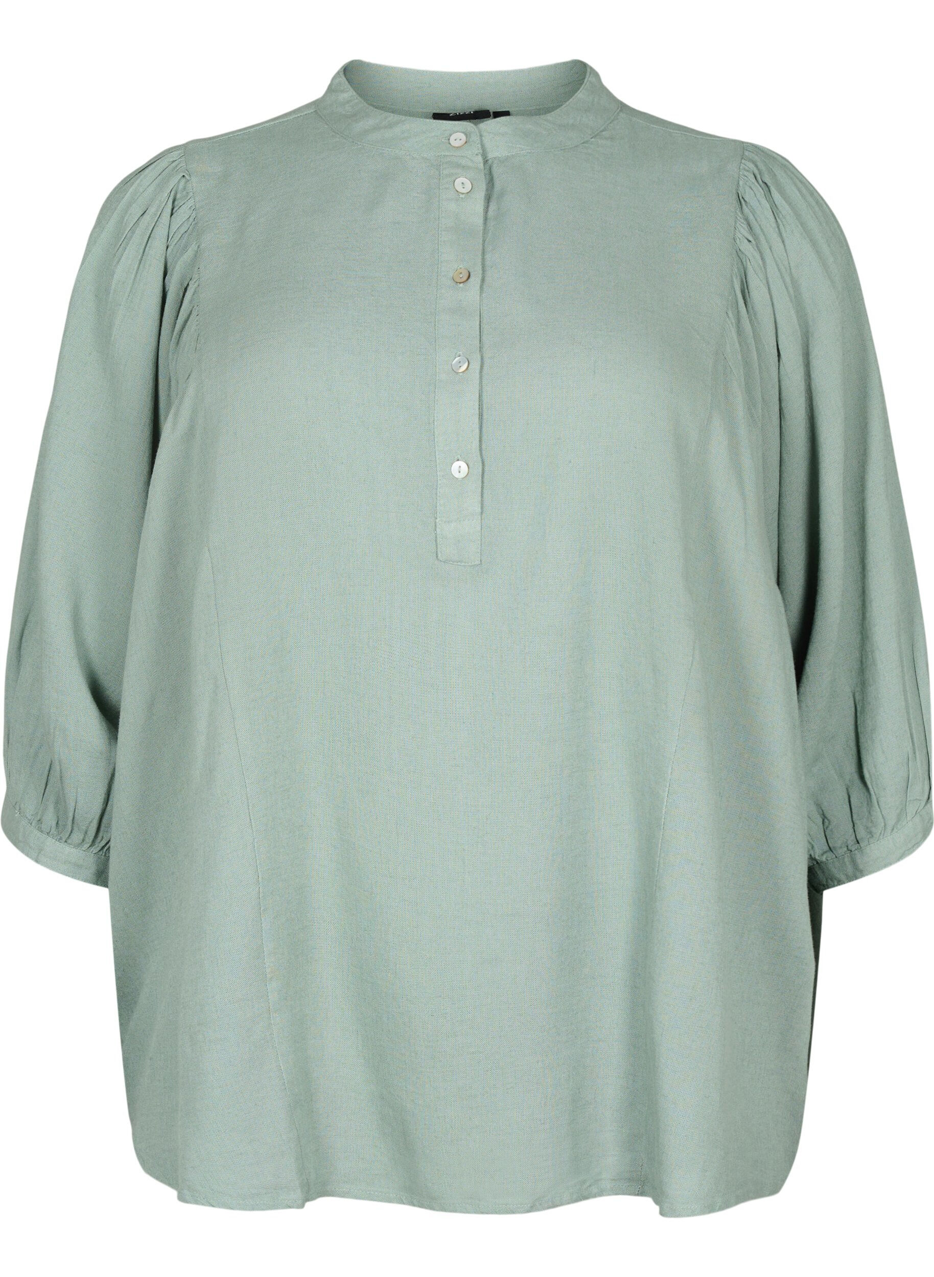 Zizzi Viskose-Leinen-Mix-Shirt-Bluse mit 3/4-&Auml;rmeln, Chinois Green, Packshot image number 0