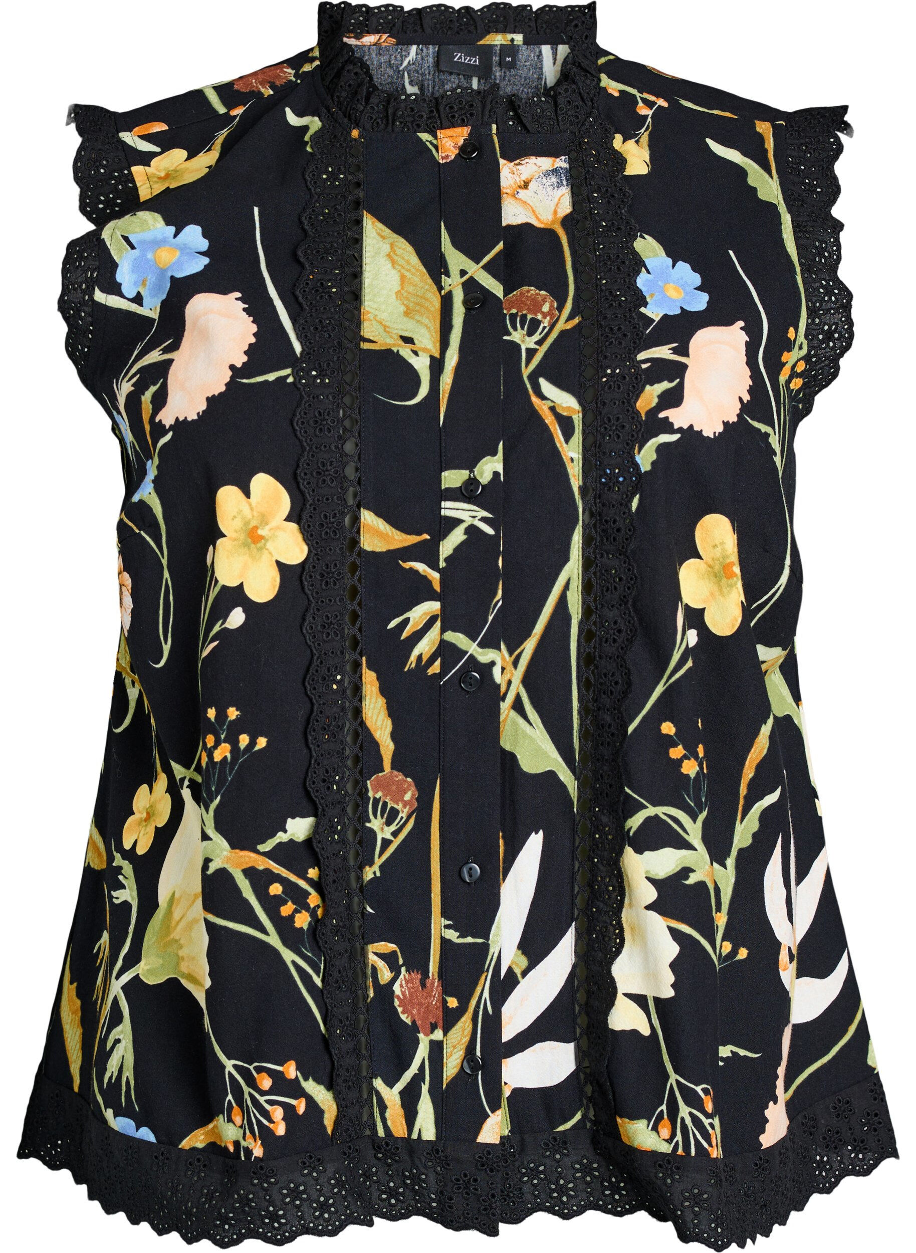 Zizzi Blouse sans manches en coton avec imprim&eacute; floral et broderie anglaise, Noir, Packshot image number 0