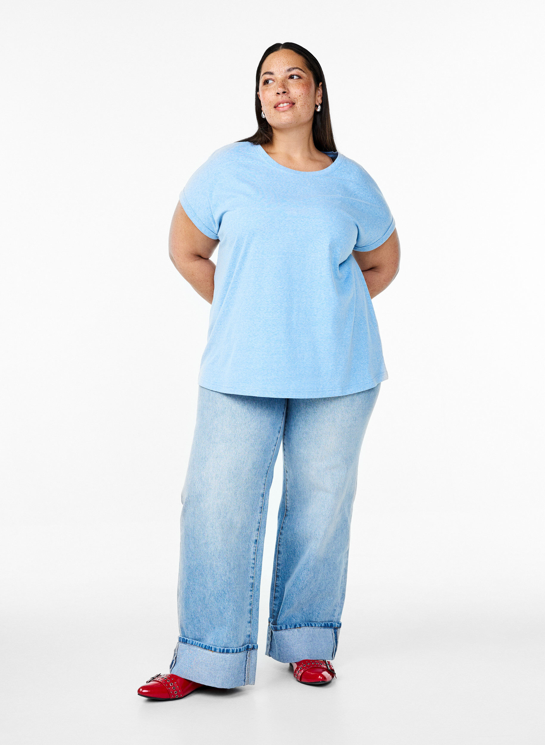 Zizzi Melange T-Shirt mit kurzen &Auml;rmeln, Blau, Model image number 1