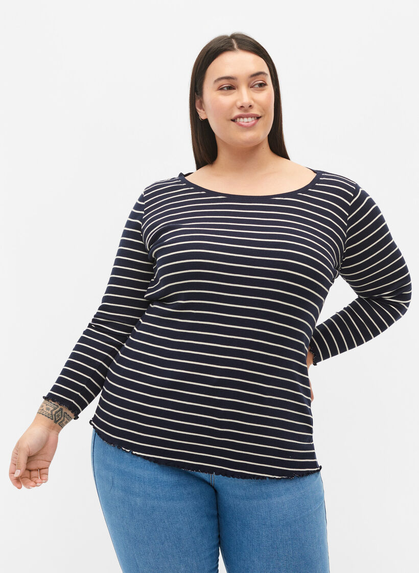 Gestreifte Bluse mit Rundhals, Night Sky Stripe, Model image number 0