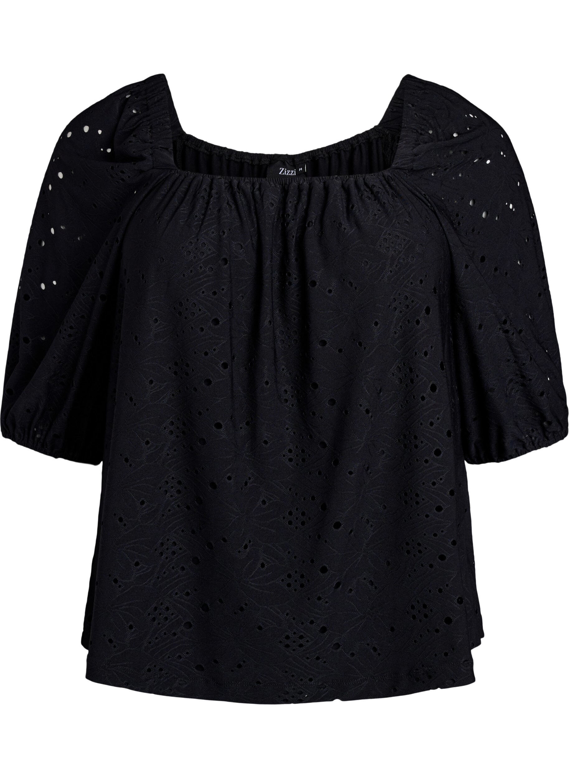 Zizzi Blouse &agrave; manches courtes bouffantes et motif ajour&eacute;, Noir, Packshot image number 0