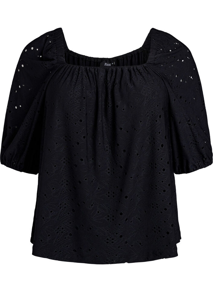 Blouse à manches courtes bouffantes et motif ajouré, Noir, Packshot image number 0