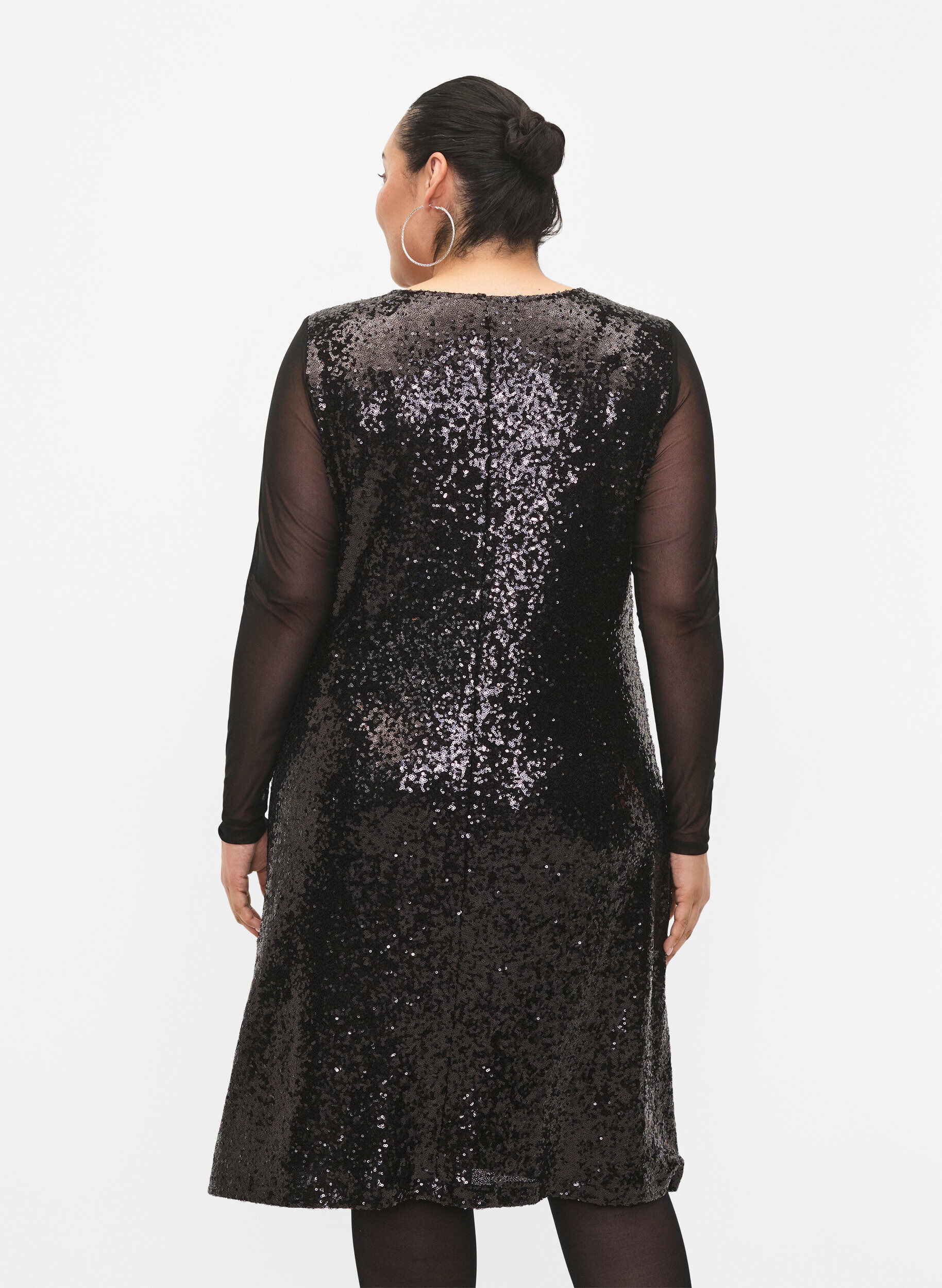Zizzi A-Linie-Paillettenkleid mit langen &Auml;rmeln, Black, Model image number 1