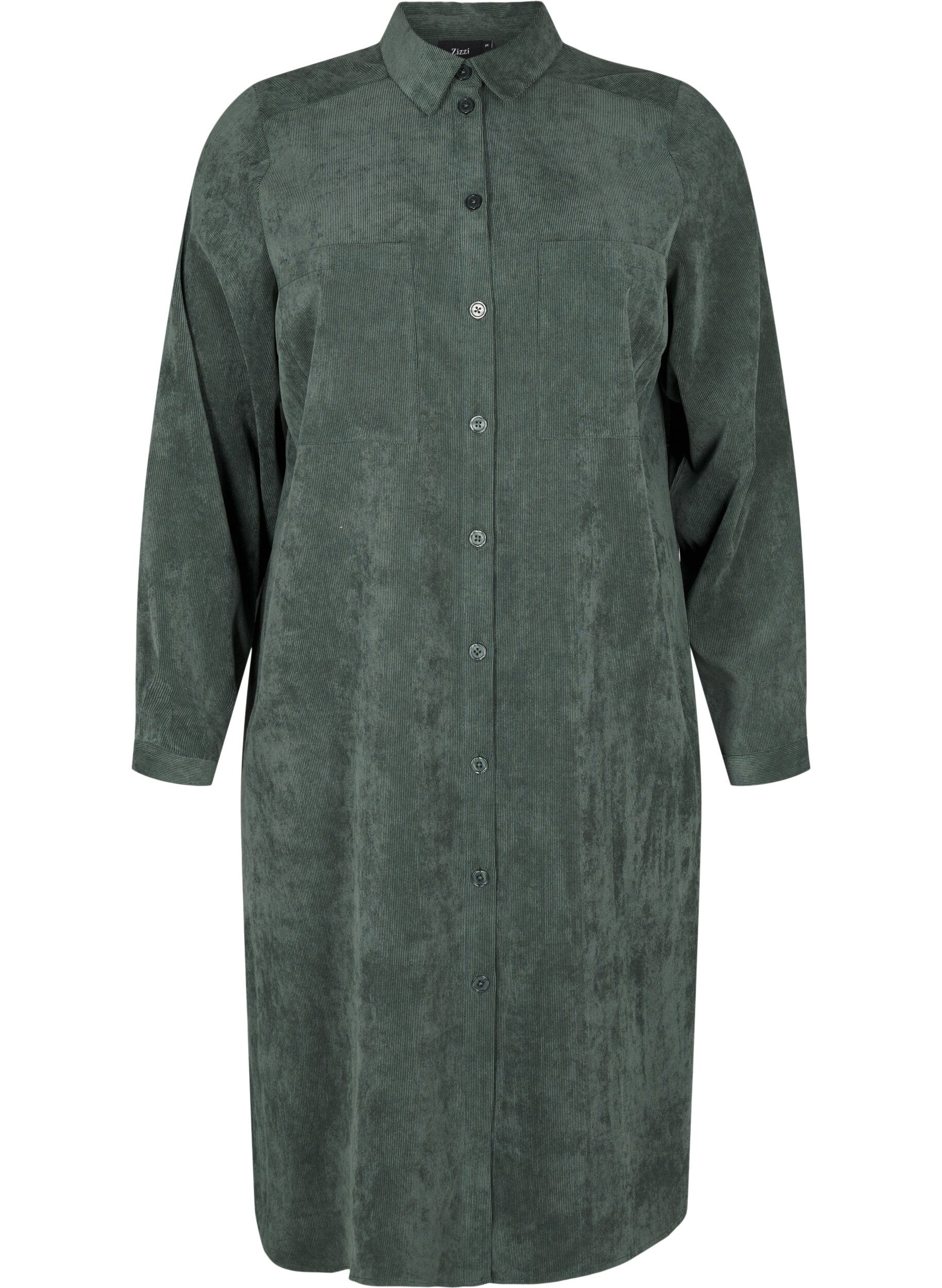 Zizzi Robe-chemise longue en velours c&ocirc;tel&eacute; et &agrave; boutons, Dark Forest, Packshot image number 0