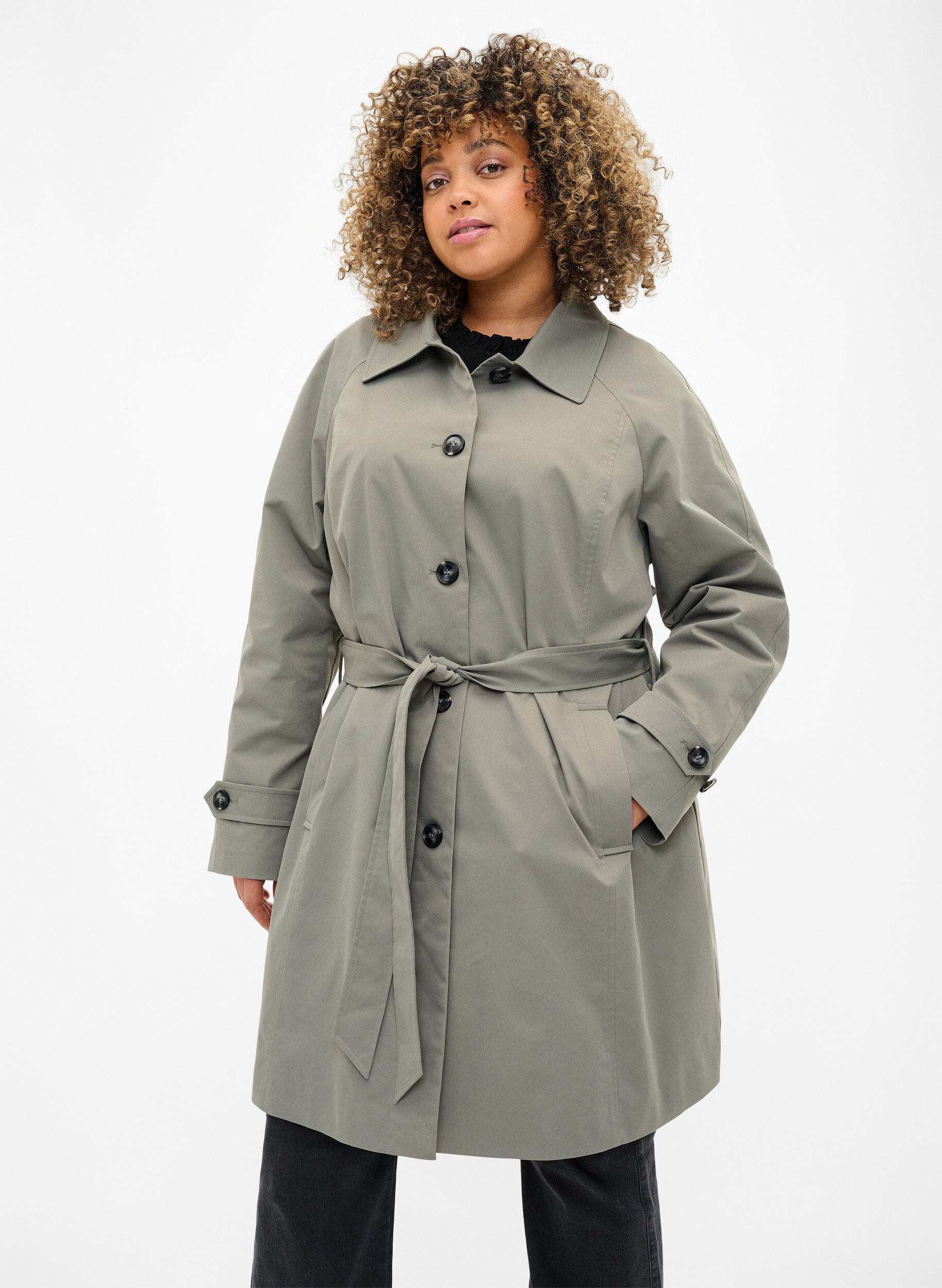 Zizzi Trenchcoat mit Taschen und G&uuml;rtel, Sea Spray, Model image number 0