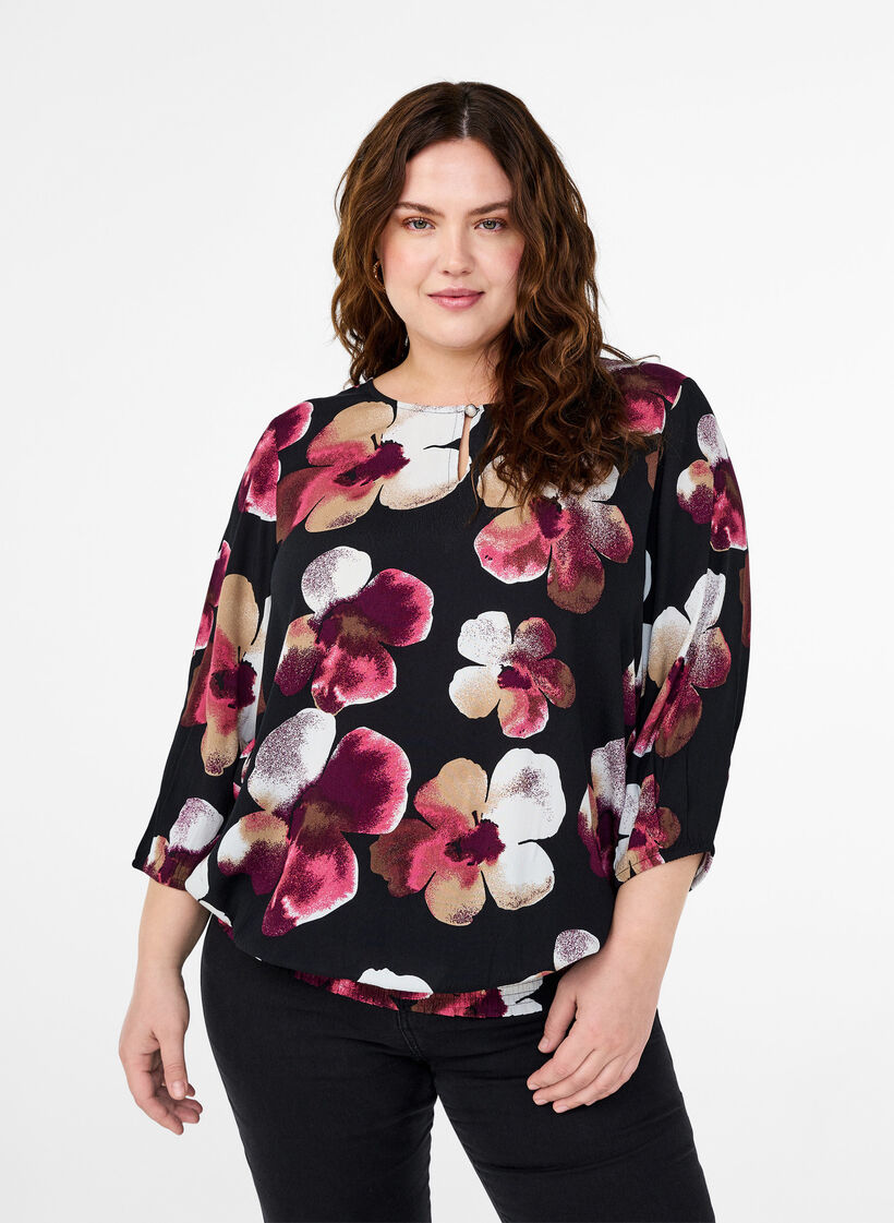  Viskosebluse mit Print und Kittel, Schwarz, Model image number 0
