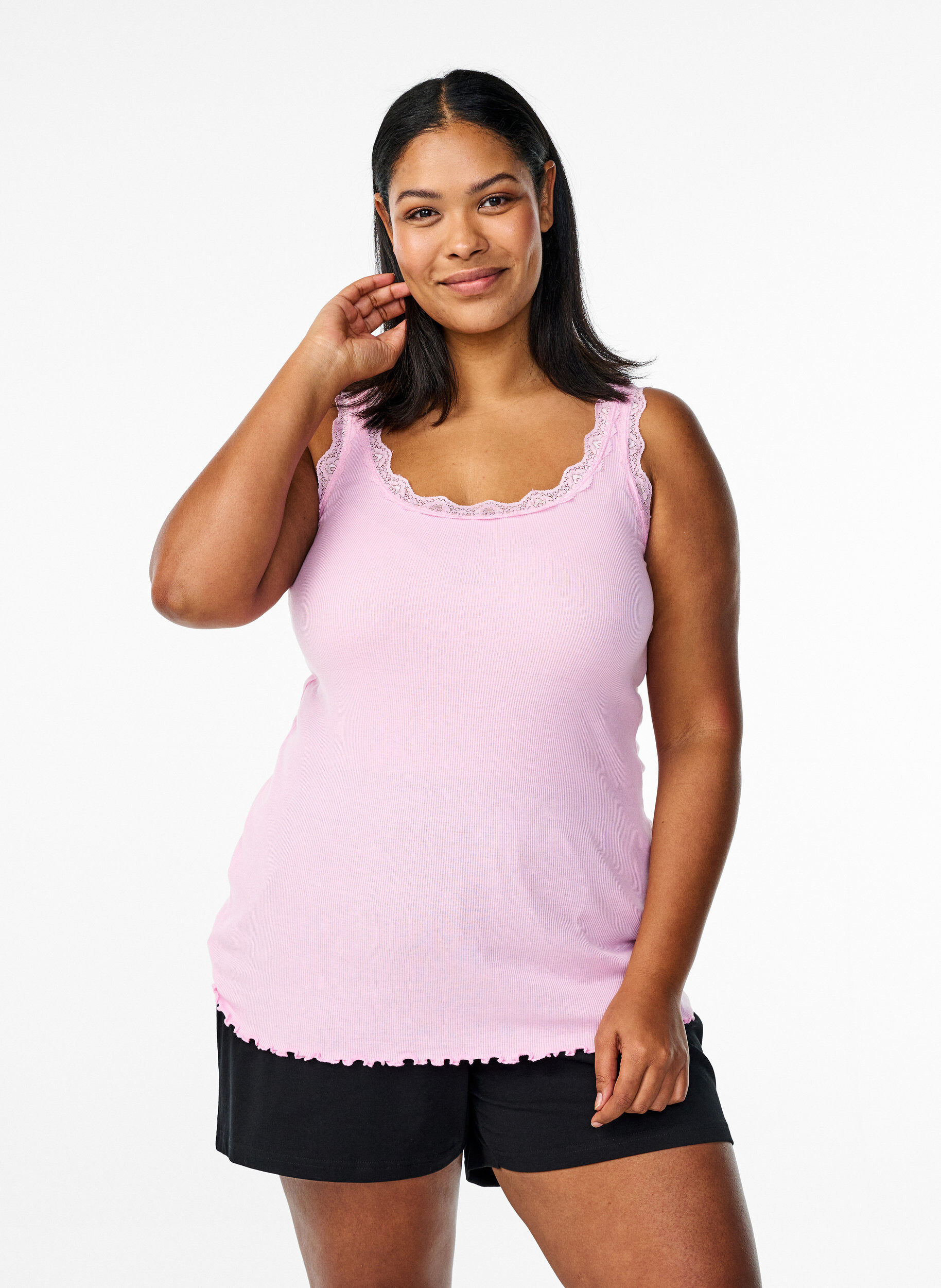 Zizzi Top mit Spitzensaum, Pink, Model image number 0