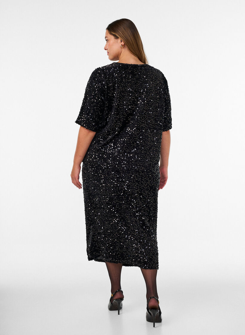 Jupe midi avec sequins et fentes, Noir, Model image number 1