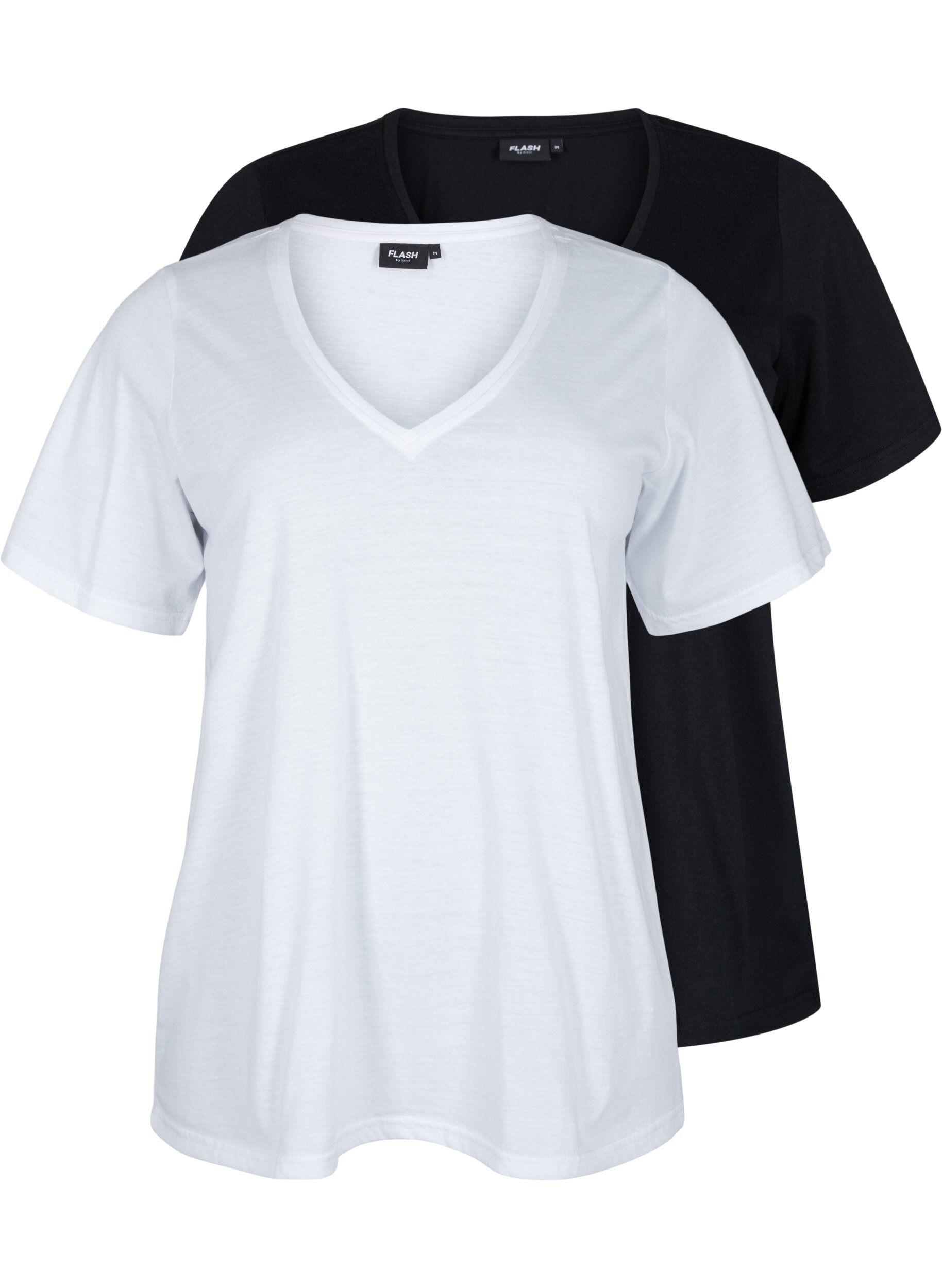 Zizzi FLASH - T-shirts 2-pack &agrave; col en V, White/Black, Packshot image number 0