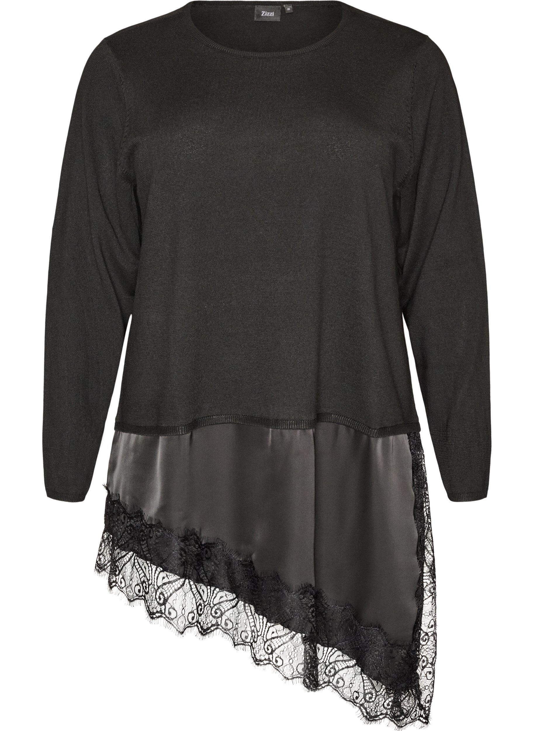ZizziStrickbluse mit Lageneffekt und Spitzenbesatz, Schwarz, Packshot image number 0