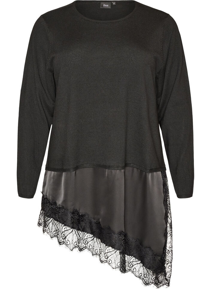 Strickbluse mit Lageneffekt und Spitzenbesatz, Schwarz, Packshot image number 0