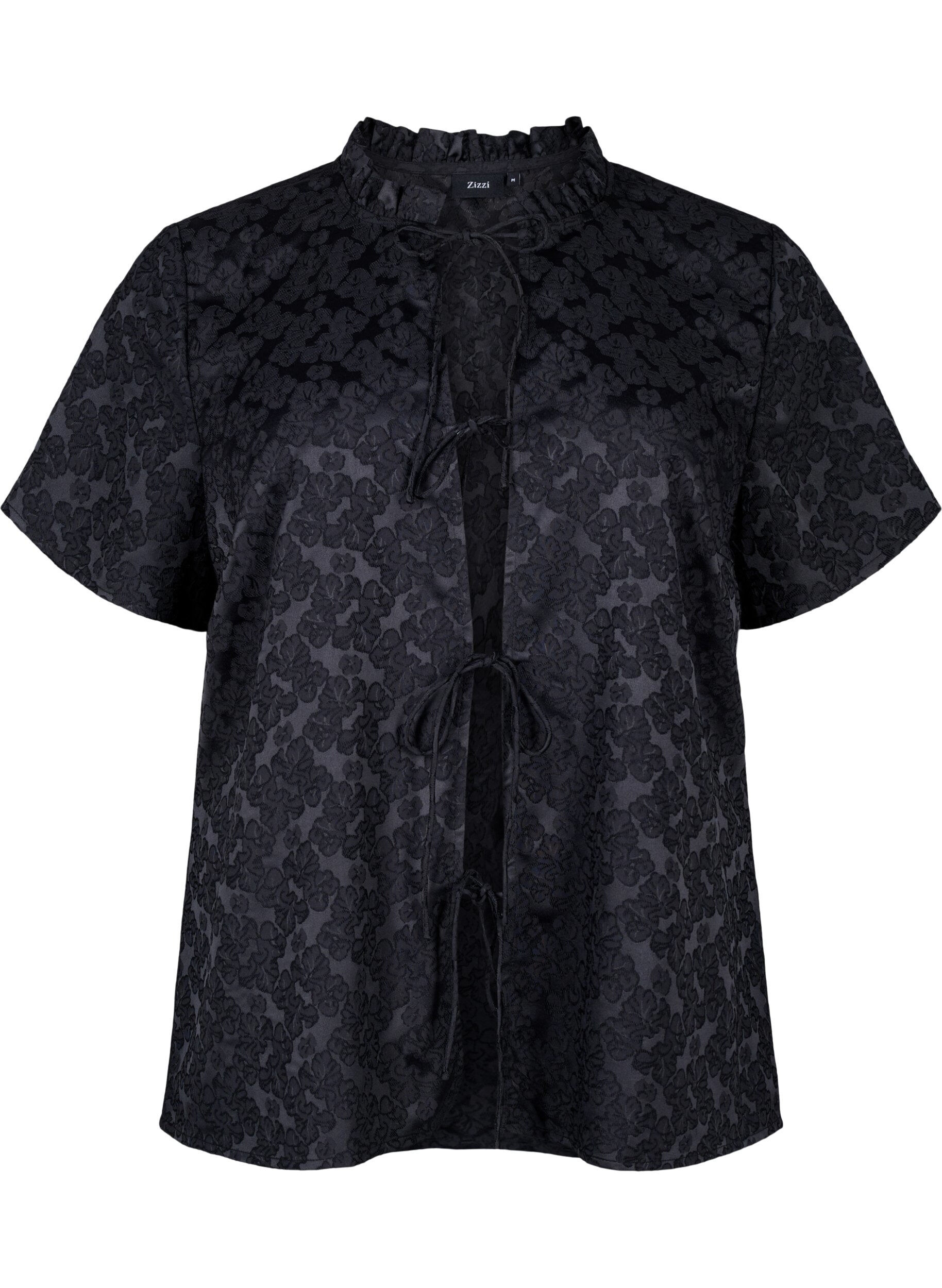 Zizzi Kurz&auml;rmelige Jacquard-Bluse mit Schleifen, Schwarz, Packshot image number 0