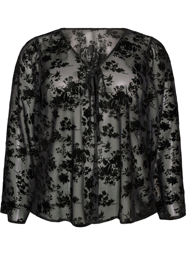 Meshbluse mit Blumenmuster und offener Front, Schwarz, Packshot image number 0