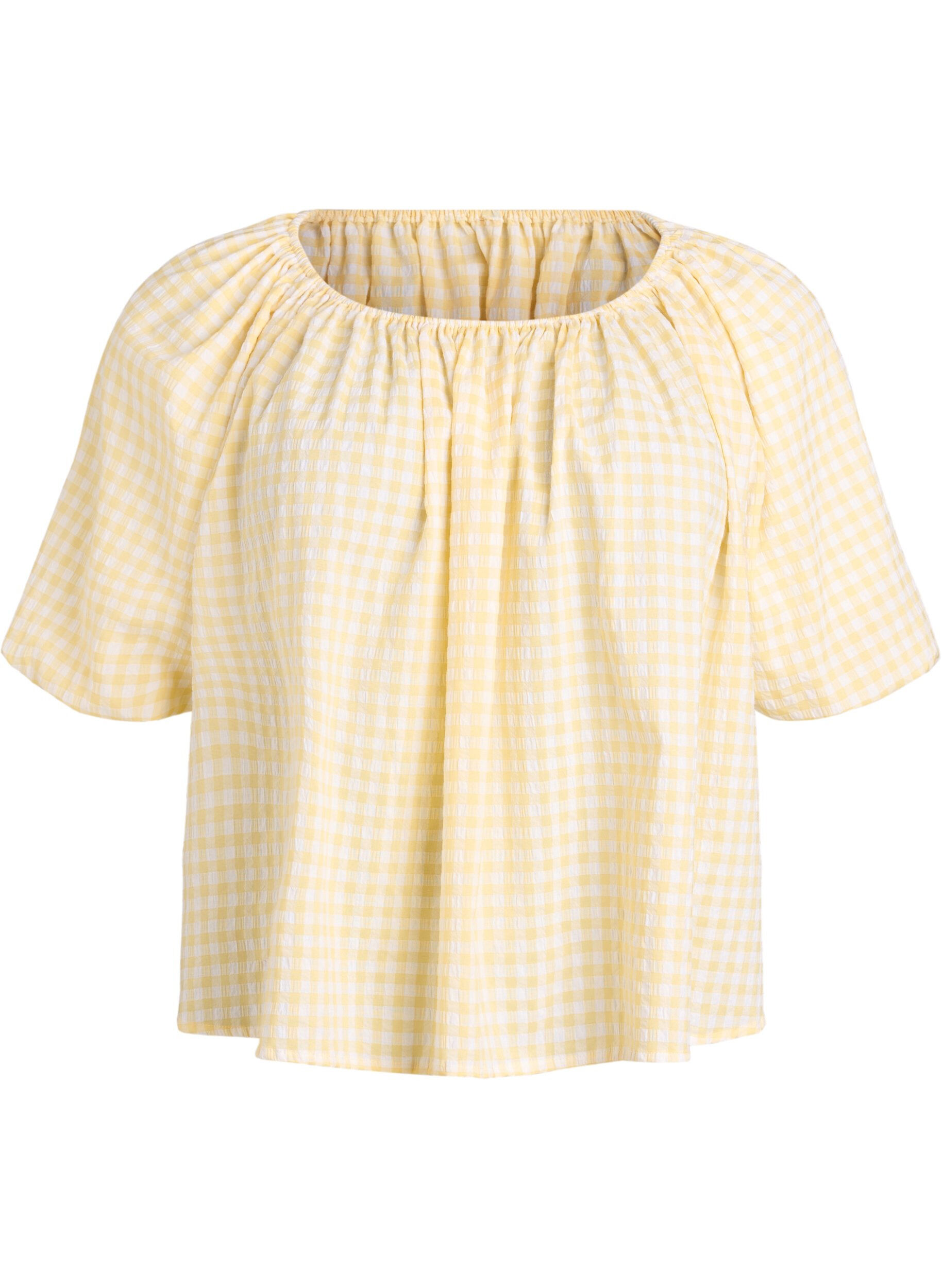 ZizziBlouse &agrave; petits carreaux avec une encolure &eacute;lastiqu&eacute;e et des manches coude, Jaune clair, Packshot image number 0