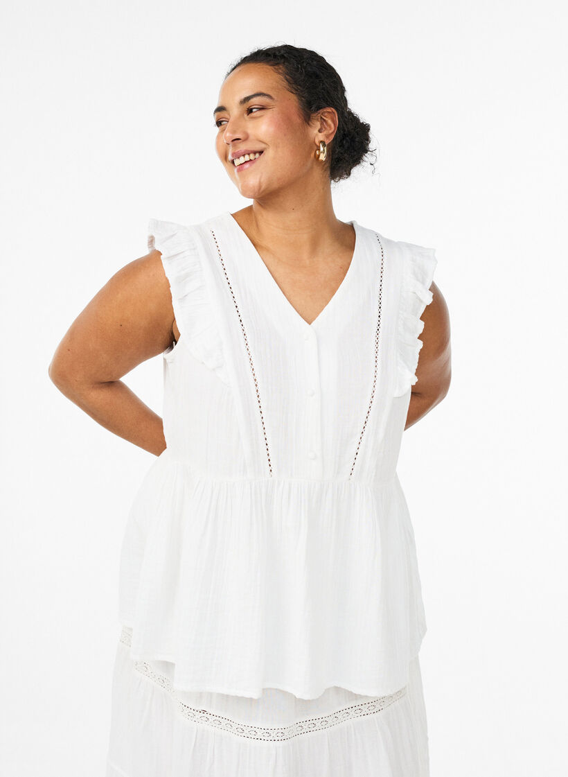 Blouse sans manches en mousseline de coton avec volants, Blanc, Model image number 0