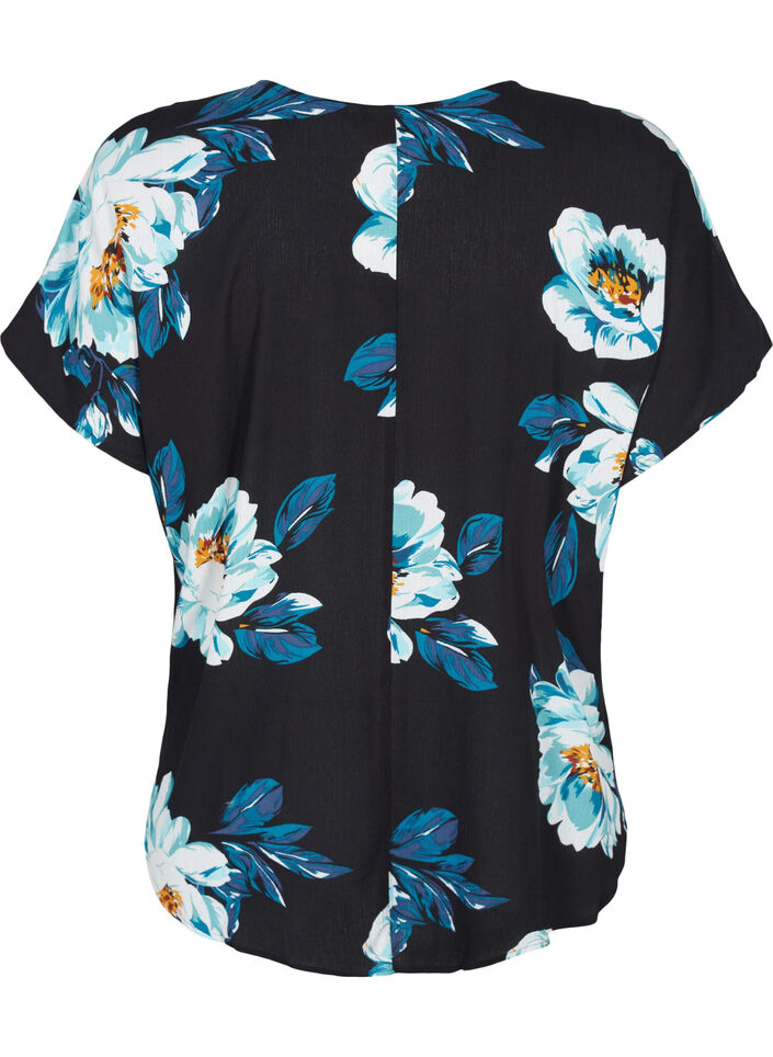 Kurzarm Viskosebluse mit Blumenprint, Black Big Flower, Packshot image number 1
