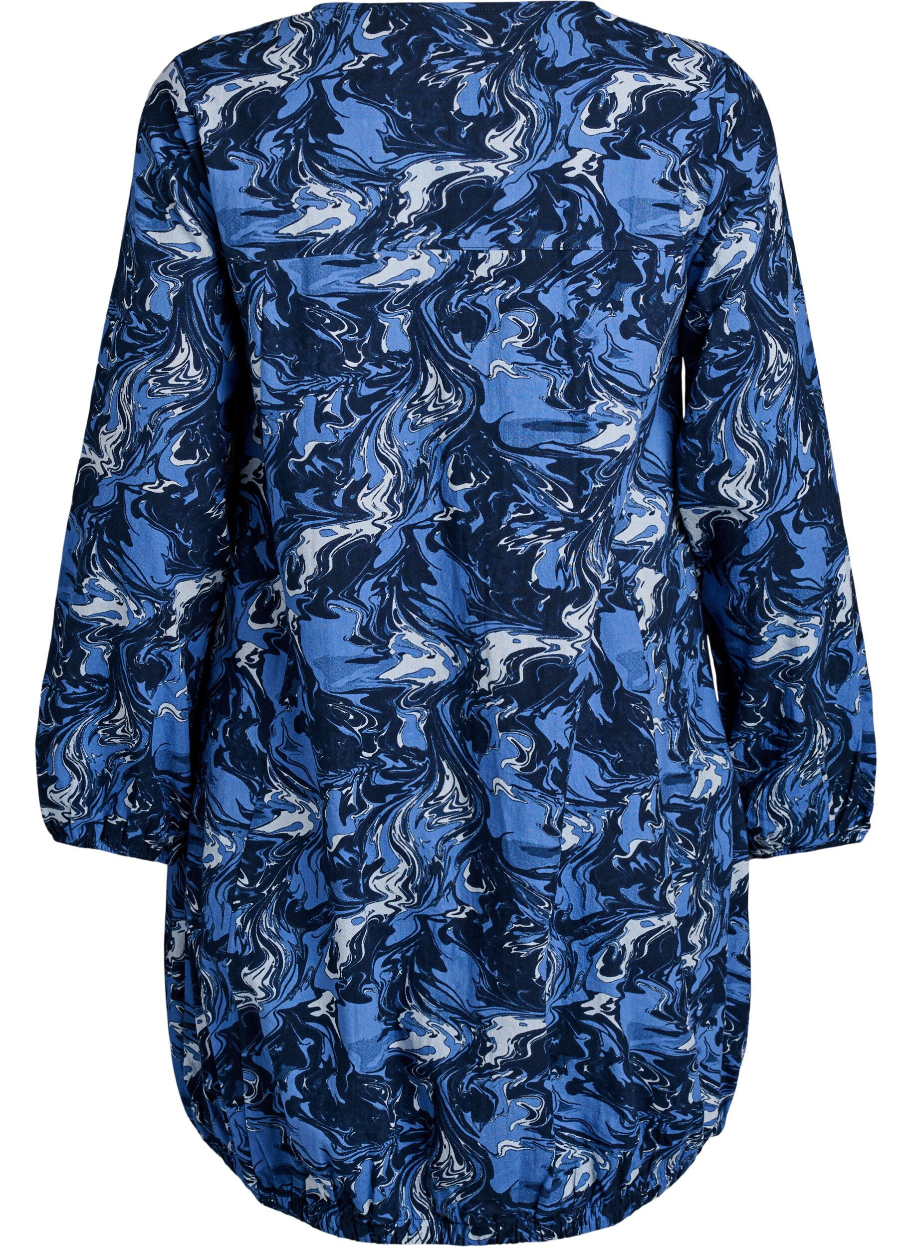 Zizzi Kurzes Baumwollkleid mit Gummisaum und langen &Auml;rmeln, Blau, Packshot image number 1