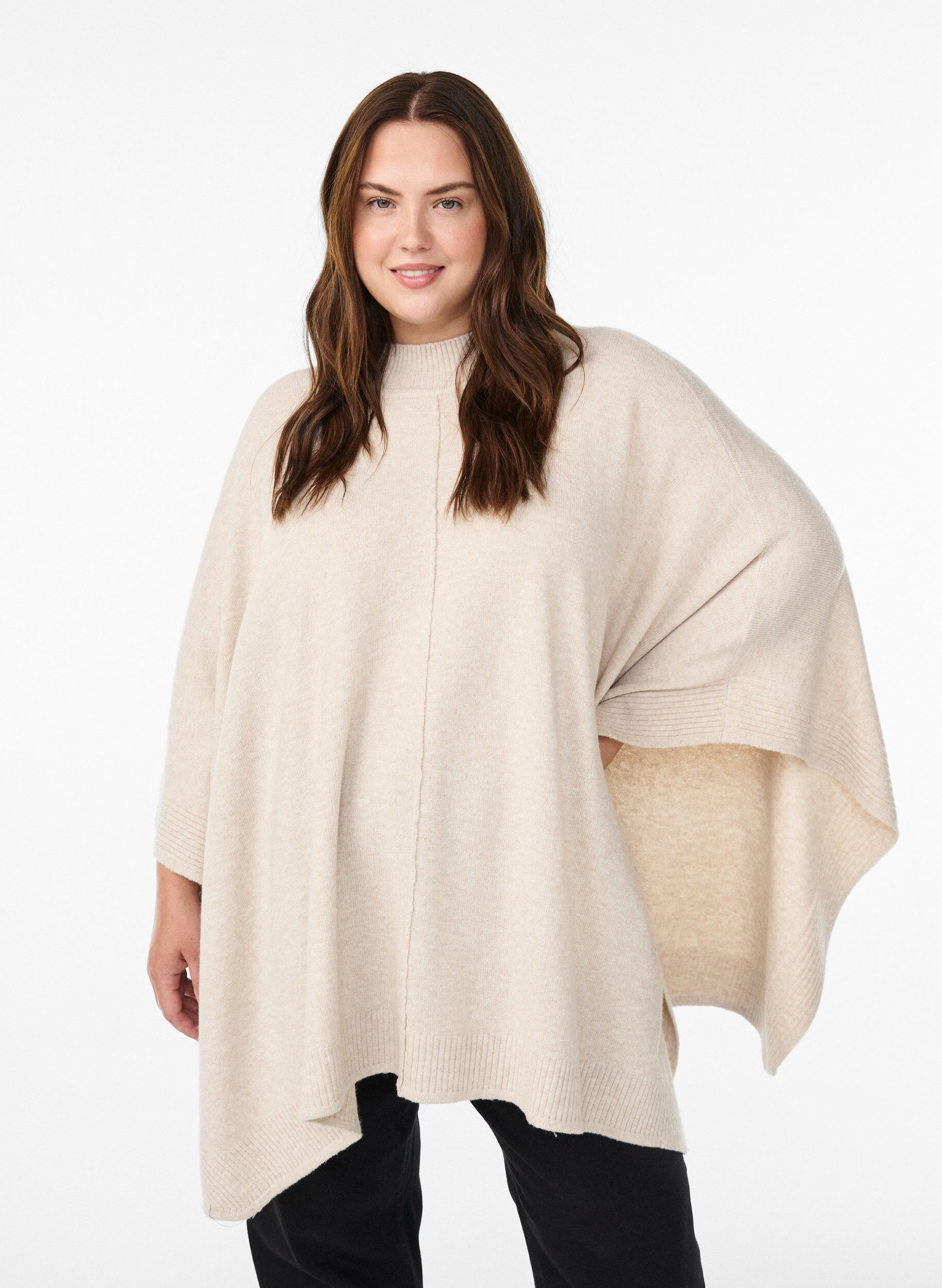 Poncho mit Rippdetails und Rundhalsausschnitt, Beige, Model