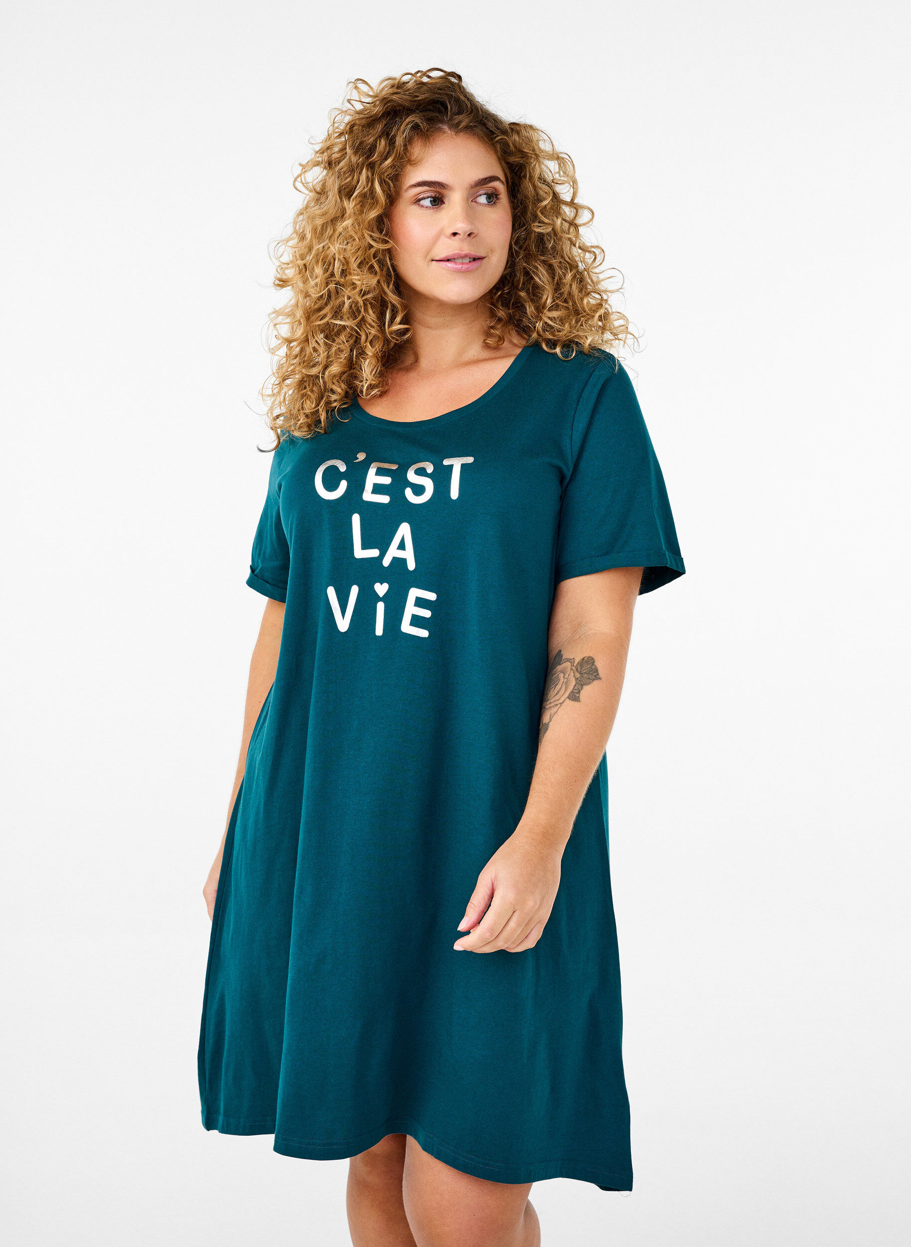 Chemise de nuit &agrave; manches courtes en coton biologique, Vert, Model