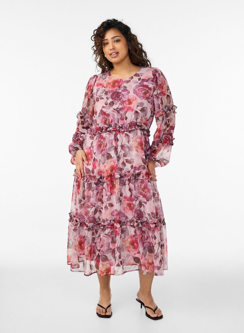 Robe midi &agrave; fleurs avec volants et manches transparentes, Rose, Model image number 0