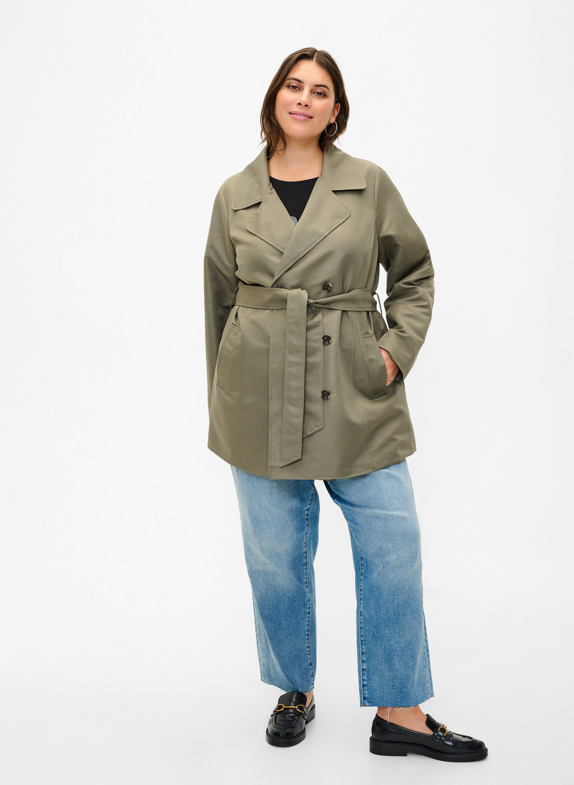Zizzi Kurzer Trenchcoat mit G&uuml;rtel, Gr&uuml;n, Model image number 1