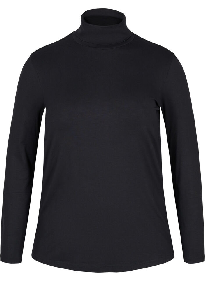 Blouse en coton à manches longues avec col roulé, Solid Black, Packshot image number 0