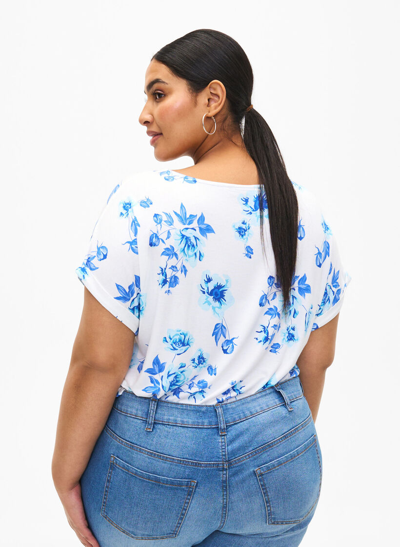 Geblümte Bluse aus Viskose mit kurzen Ärmeln, White Blue AOP, Model image number 1