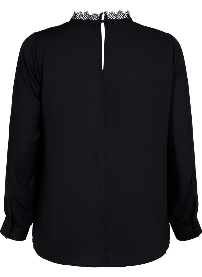 Lang&auml;rmelige Bluse mit Spitze, Black, Packshot image number 1