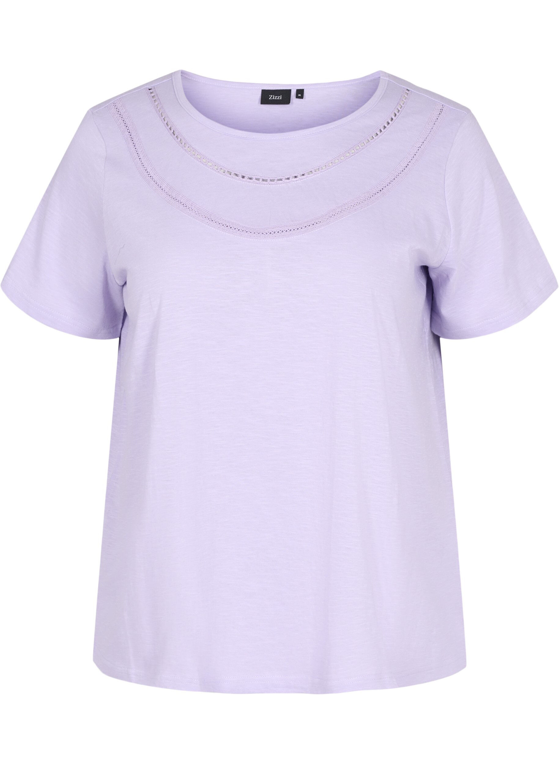 Zizzi T-shirt en coton avec ruban en dentelle, Lavender, Packshot image number 0