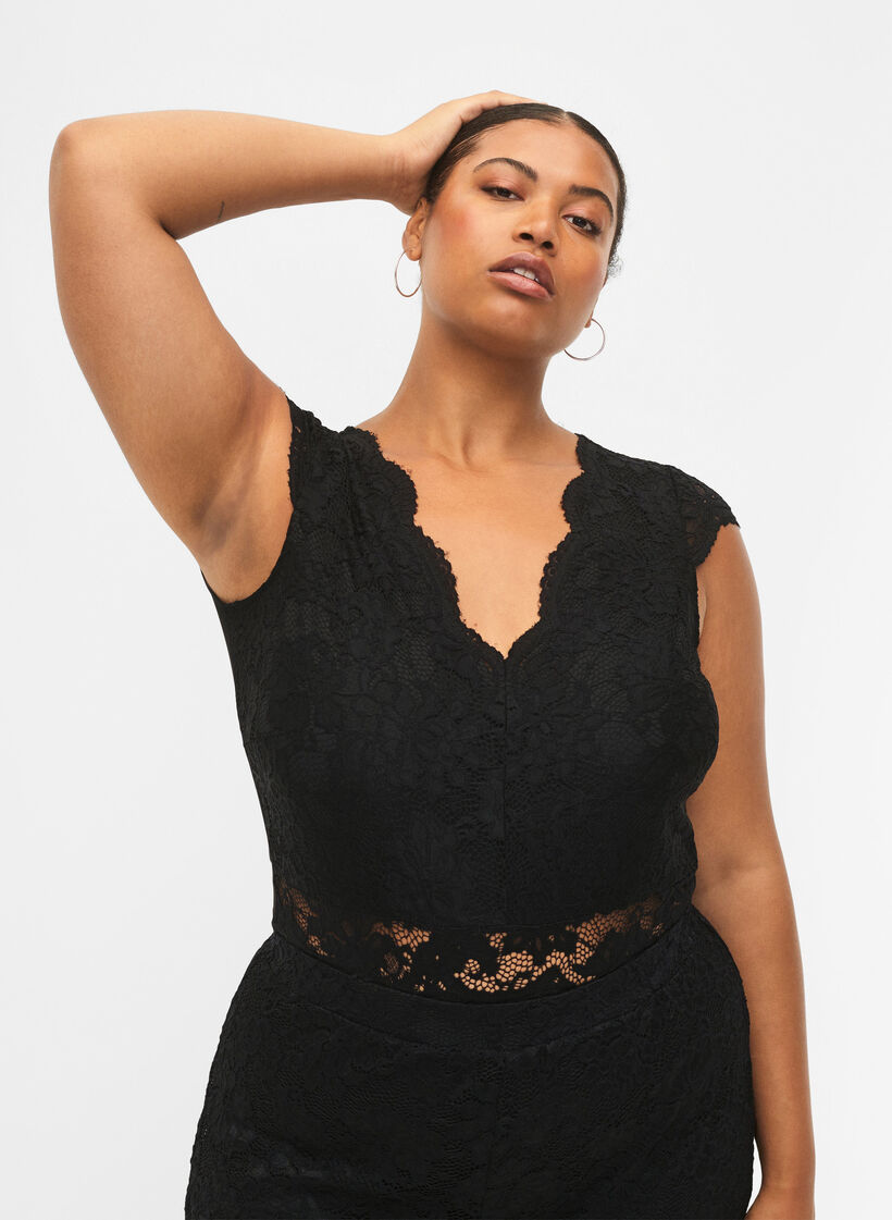 Bodystocking avec dentelle et décolleté en V, Black, Model image number 0