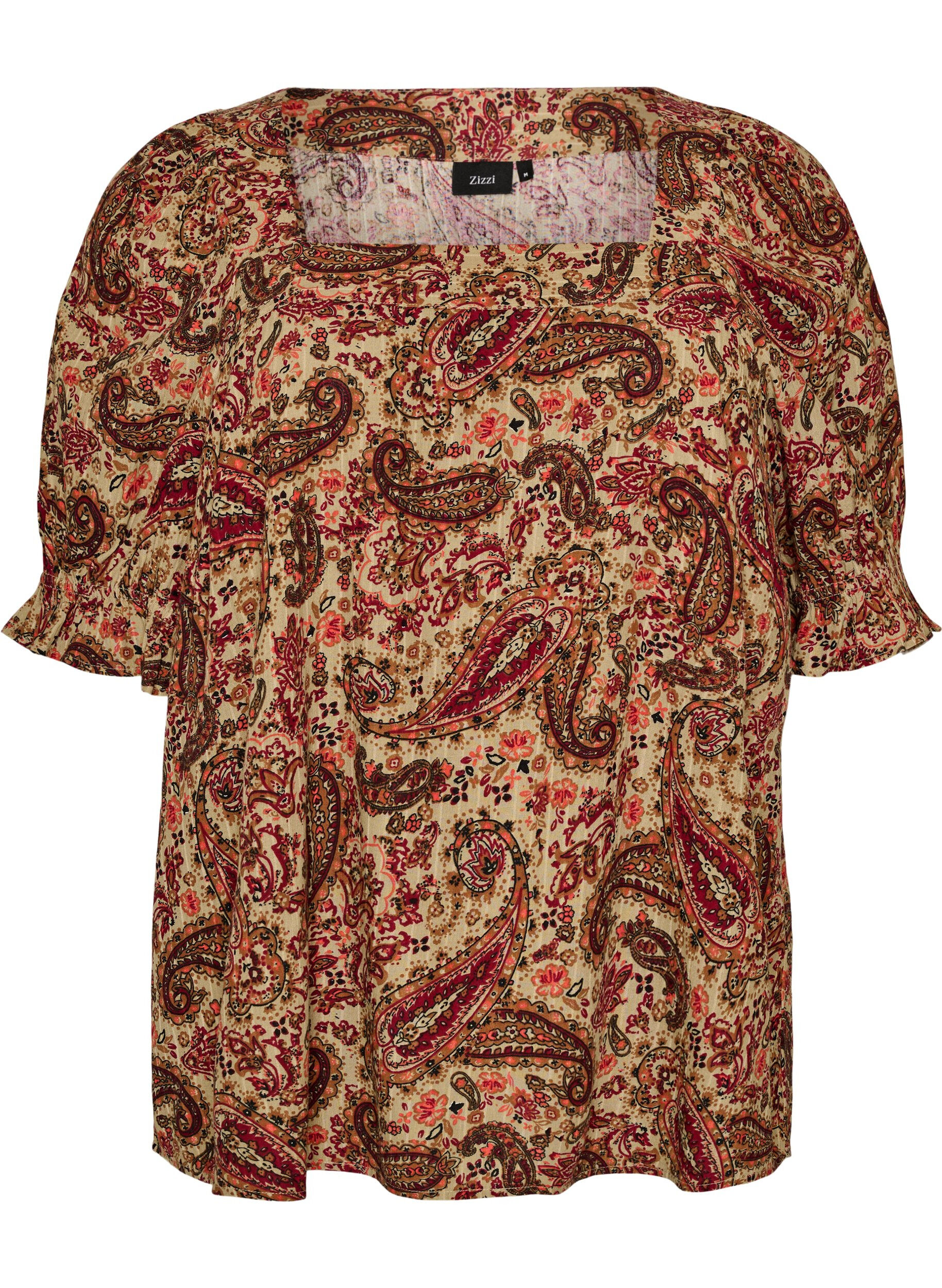 Chemisier en viscose avec imprim&eacute; paisley et encolure carr&eacute;e